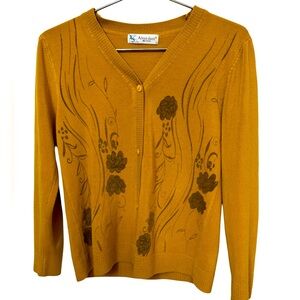 Vintage Floral Abundant Mustard Yellow Button Down Cardigan Sweater Women’s M